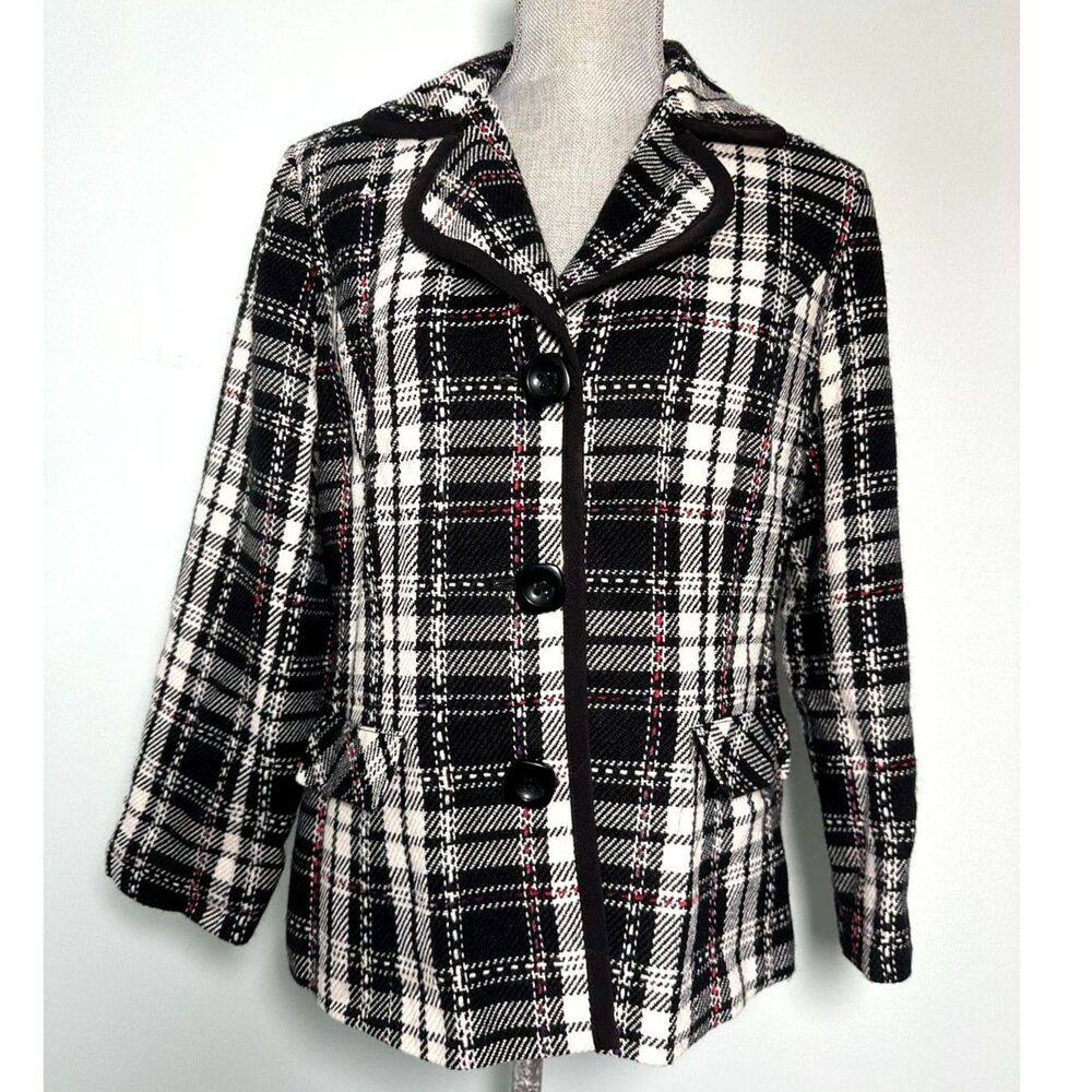 Vintage RQT Black and White Plaid Checkered Blazer Suit Jacket sz Large Petite